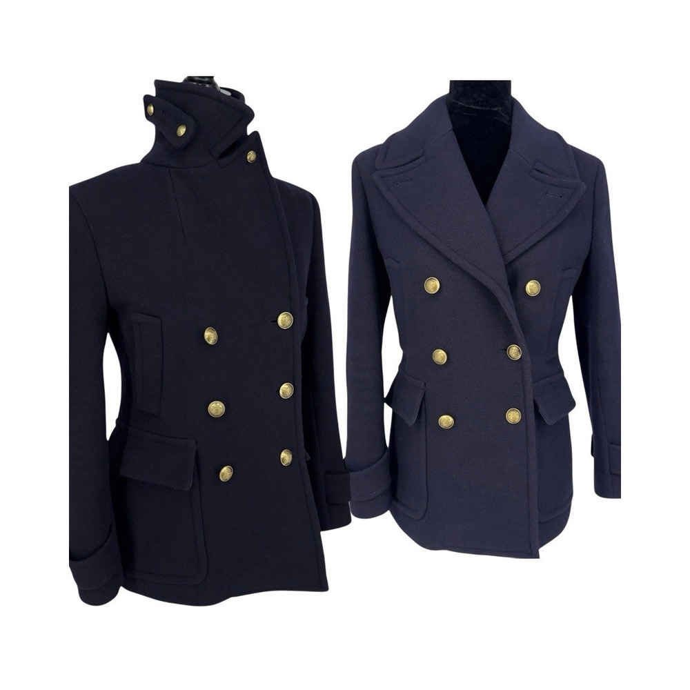 J. Crew Majesty Peacoat Size 2 Navy Blue Italian Stadium Cloth Wool Nello Gori
